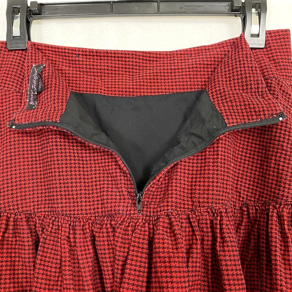 Vtg Sz 8 Betsey Johnson Y2K Houndstooth Tiered Skirt Ruffle Red Suspender RARE - Picture 3 of 6